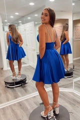royal blue a line spaghetti straps short homecoming dress with pockets