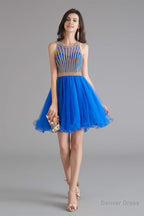 A Line Tulle Sleeveless Beading Homecoming Dresses