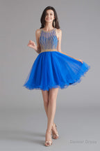 A Line Tulle Sleeveless Beading Homecoming Dresses