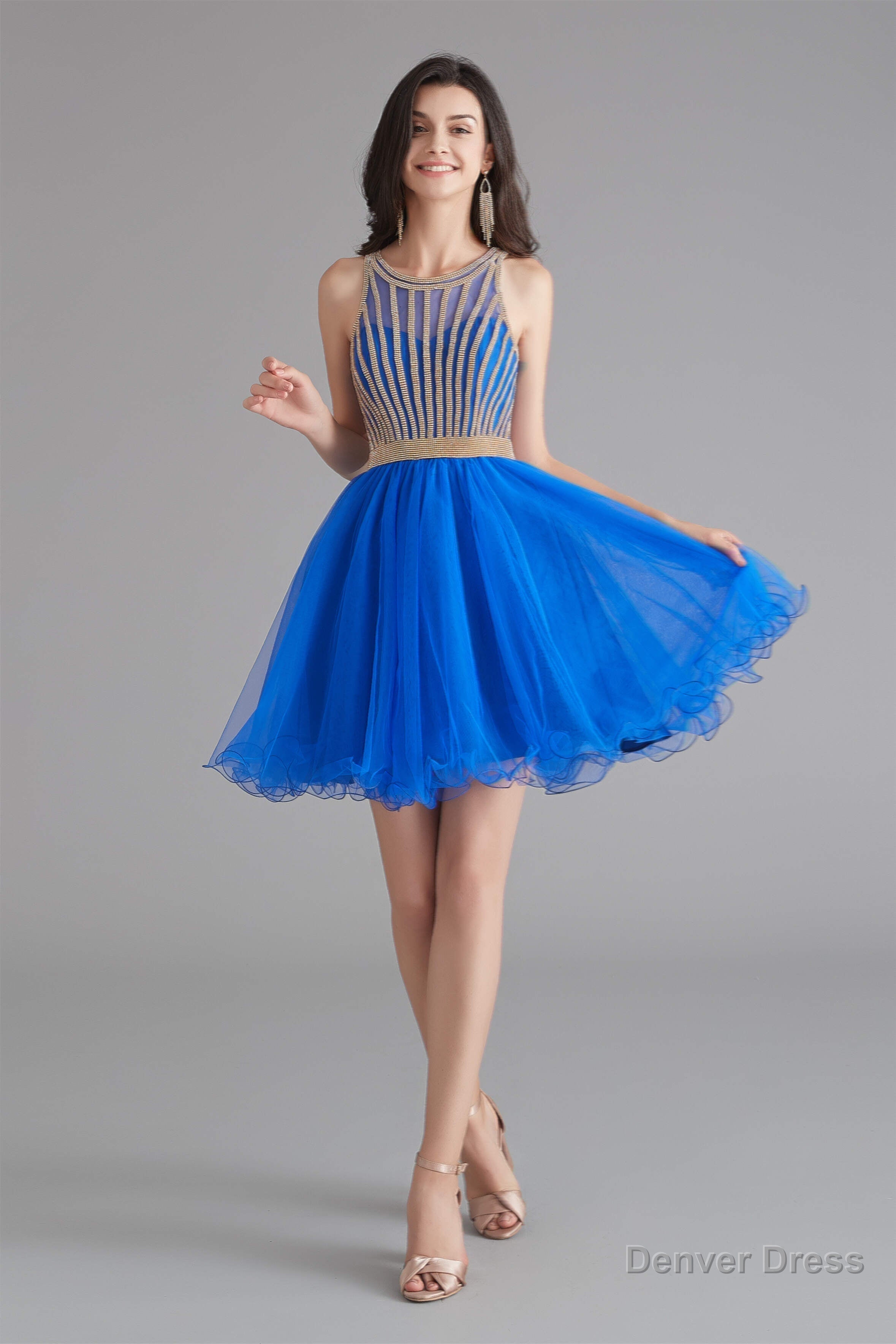 A Line Tulle Sleeveless Beading Homecoming Dresses