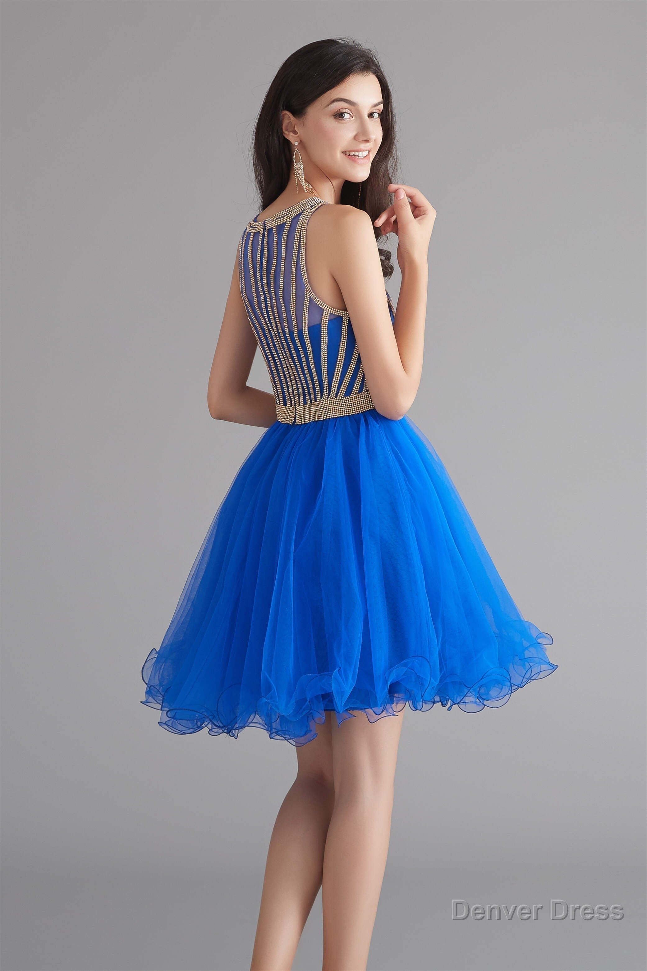 A Line Tulle Sleeveless Beading Homecoming Dresses