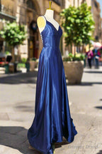 Royal Blue A Line V Neck Prom Dress Spaghetti Straps Long Floor Length Charmeuse Fromal Dresses With Pleated
