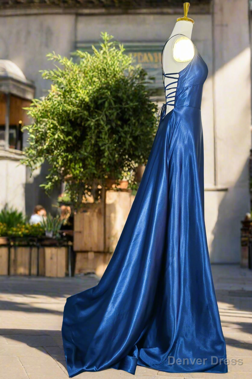 Royal Blue A Line V Neck Prom Dress Spaghetti Straps Long Floor Length Charmeuse Fromal Dresses With Pleated