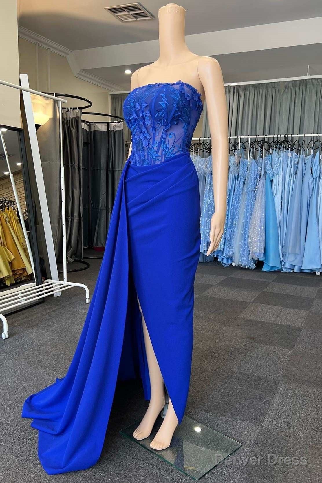 Royal Blue Appliques Strapless Long Formal Gown with Attached Train Main image