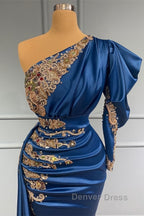 Royal Blue Asymmetric One Shoulder Stretch Satin Prom Dresses with Appliques