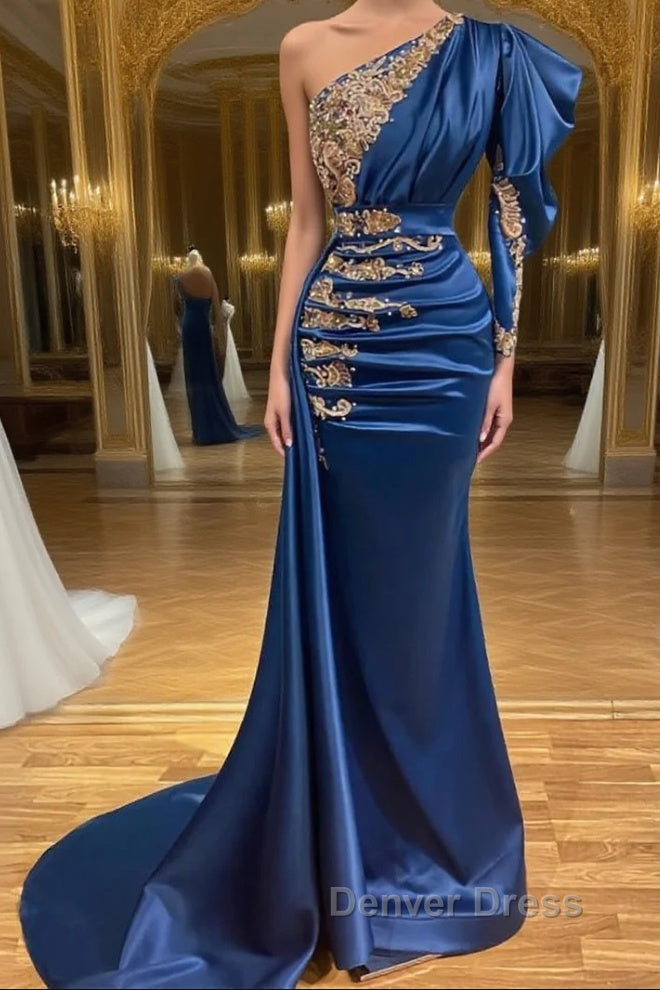 Royal Blue Asymmetric One Shoulder Stretch Satin Prom Dresses with Appliques