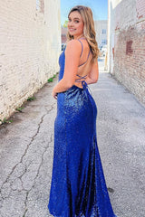 royal blue backless sparkly long prom dress
