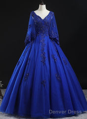 Royal Blue Ball Gown Lace Applique Quinceanera Dresses, Tulle Floor Length Sweet 16 Dresses