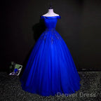 Royal Blue Ball Gown Pricess Off Shoudler Tulle Party Dress, Blue Evening Dress Prom Dress