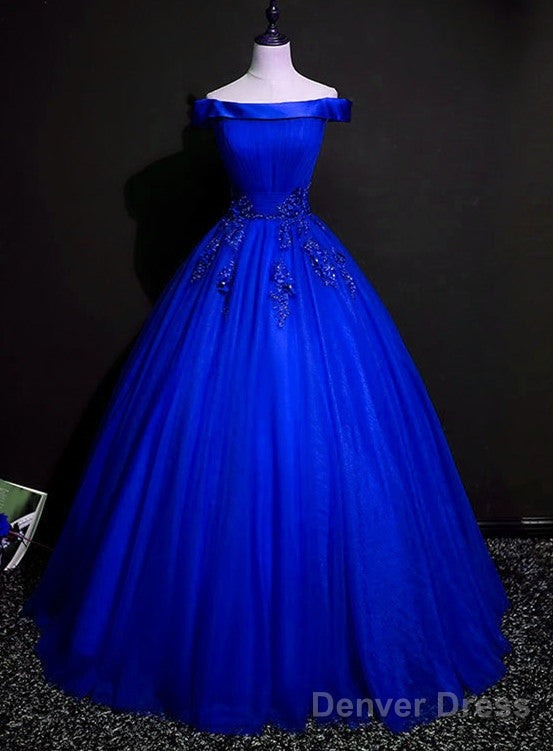 Royal Blue Ball Gown Pricess Off Shoudler Tulle Party Dress, Blue Evening Dress Prom Dress Main image