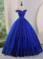 Royal Blue Ball Gowns Tulle with Lace Applique Prom Dress,Royal Blue Sweetheart 16 Dresses
