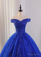 Royal Blue Ball Gowns Tulle with Lace Applique Prom Dress,Royal Blue Sweetheart 16 Dresses