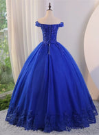 Royal Blue Ball Gowns Tulle with Lace Applique Prom Dress,Royal Blue Sweetheart 16 Dresses