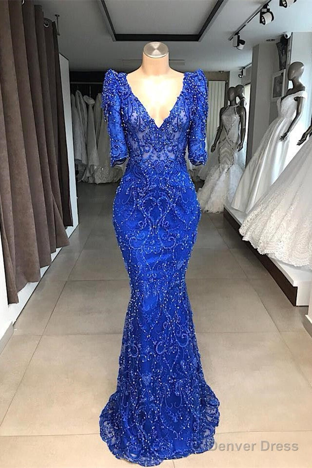 Royal blue Beaded Lace appliques 1/2 sleeve Mermaid Prom Party Gowns Main image