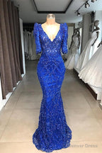 Royal blue Beaded Lace appliques 1 2 sleeve Mermaid Prom Gown
