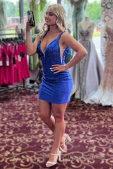 royal blue beaded sequins tight short homecoming dress