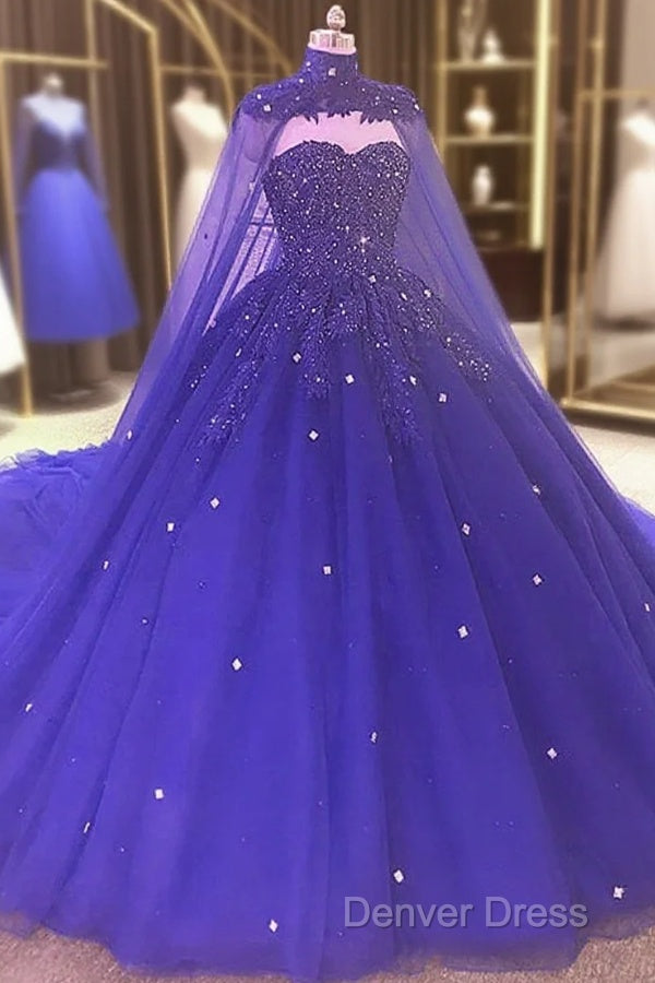Royal Blue Beaded Sparkle Tulle Ball Gown Formal Dresses, Blue Wedding Party Dresses Main image