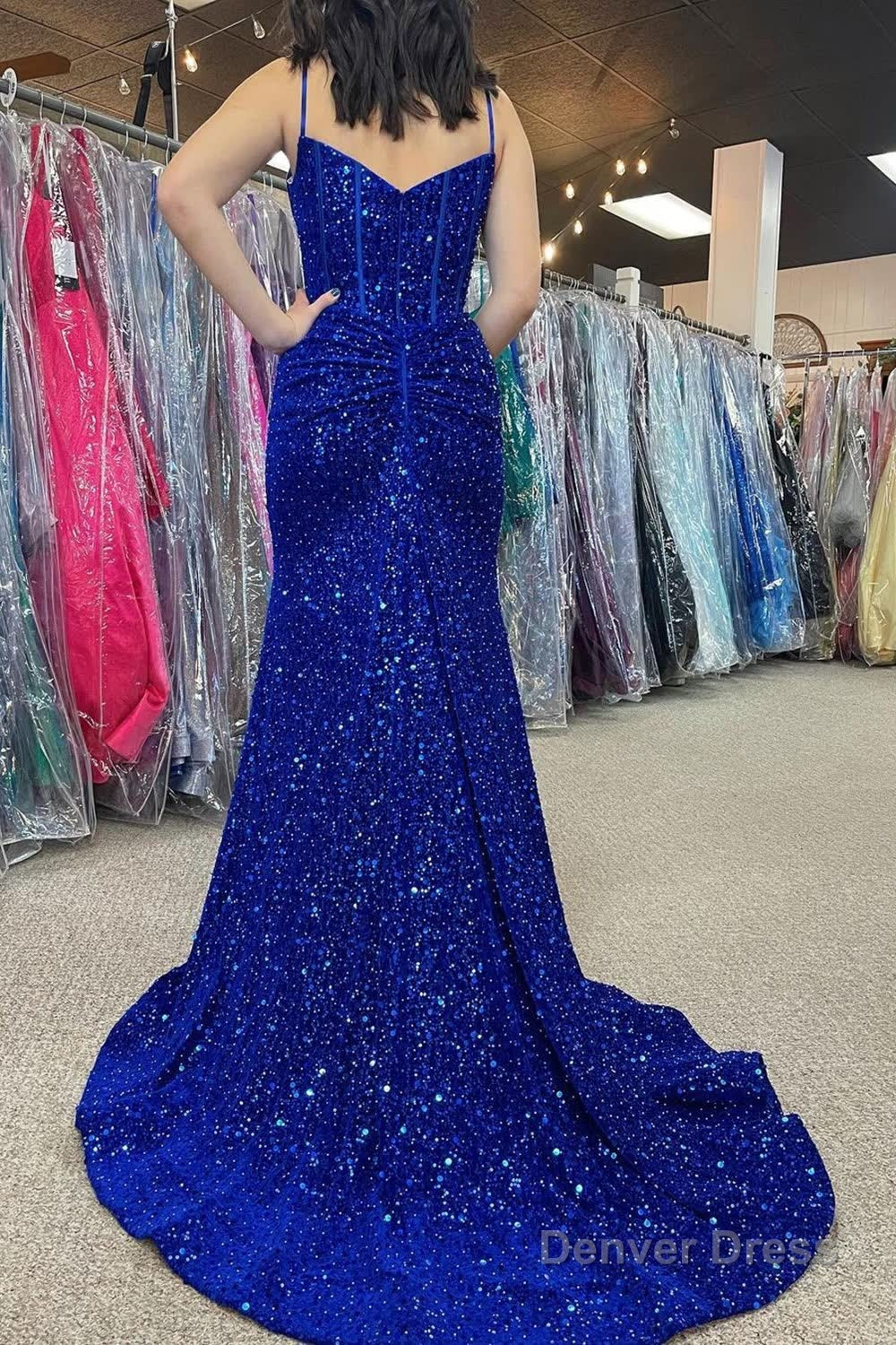 Royal Blue Beaded Sparkly Mermaid Corset Prom Dresses