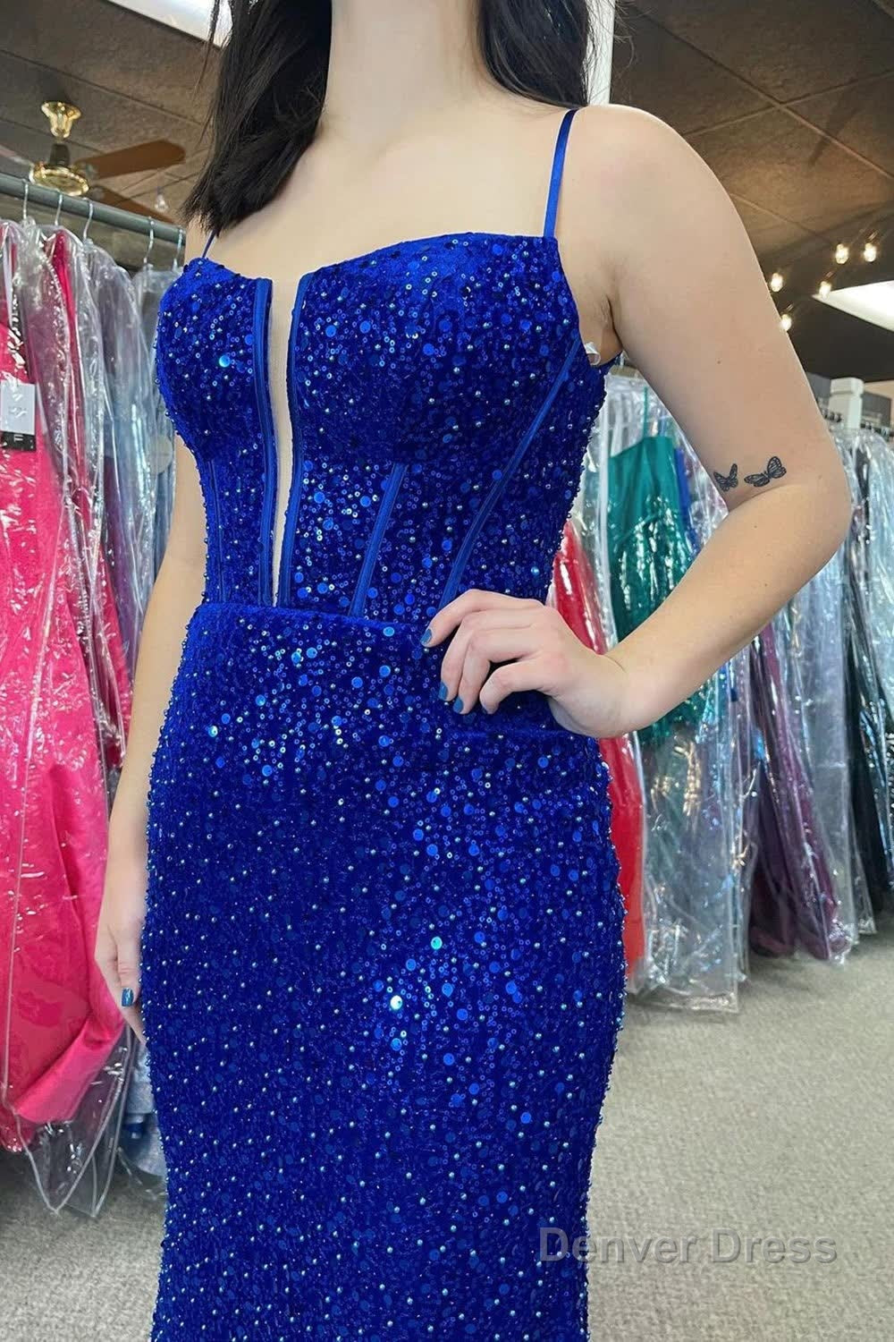 Royal Blue Beaded Sparkly Mermaid Corset Prom Dresses