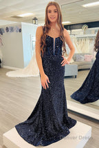 Royal Blue Beaded Sparkly Mermaid Corset Prom Dresses