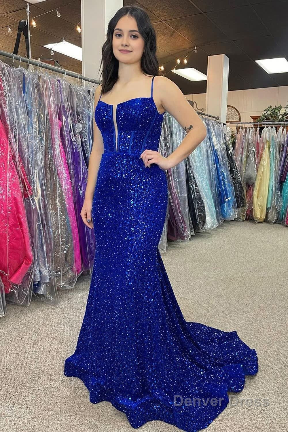 royal blue beaded sparkly mermaid corset prom dress