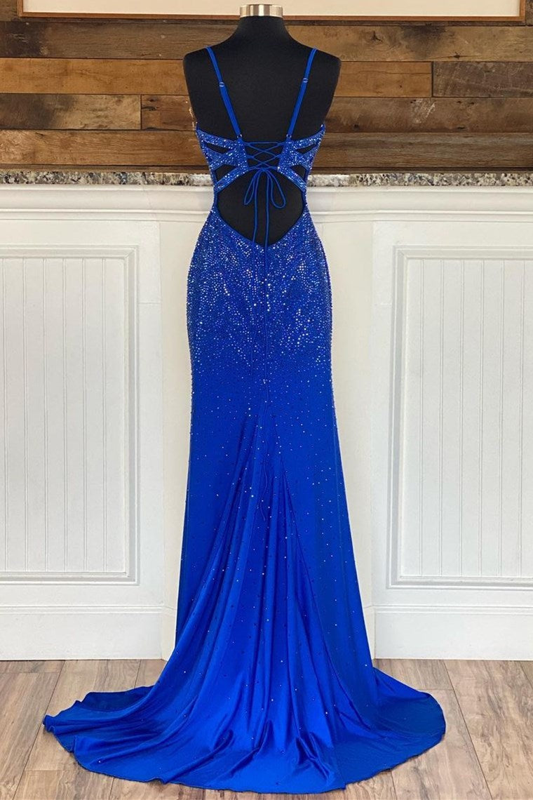 Royal Blue Beaded V-Neck Mermaid Long Prom Dresses Secondary image