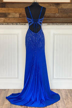 Royal Blue Beaded V-Neck Mermaid Long Prom Dresses