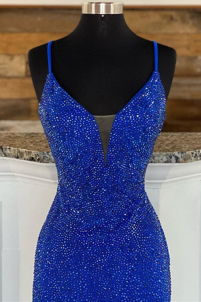 Royal Blue Beaded V-Neck Mermaid Long Prom Dresses
