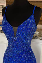 Royal Blue Beaded V-Neck Mermaid Long Prom Dresses