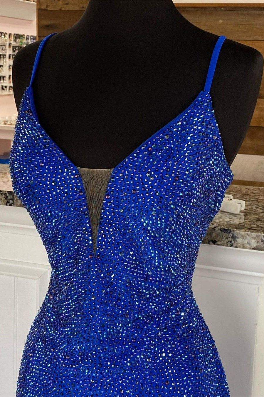 Royal Blue Beaded V-Neck Mermaid Long Prom Dresses