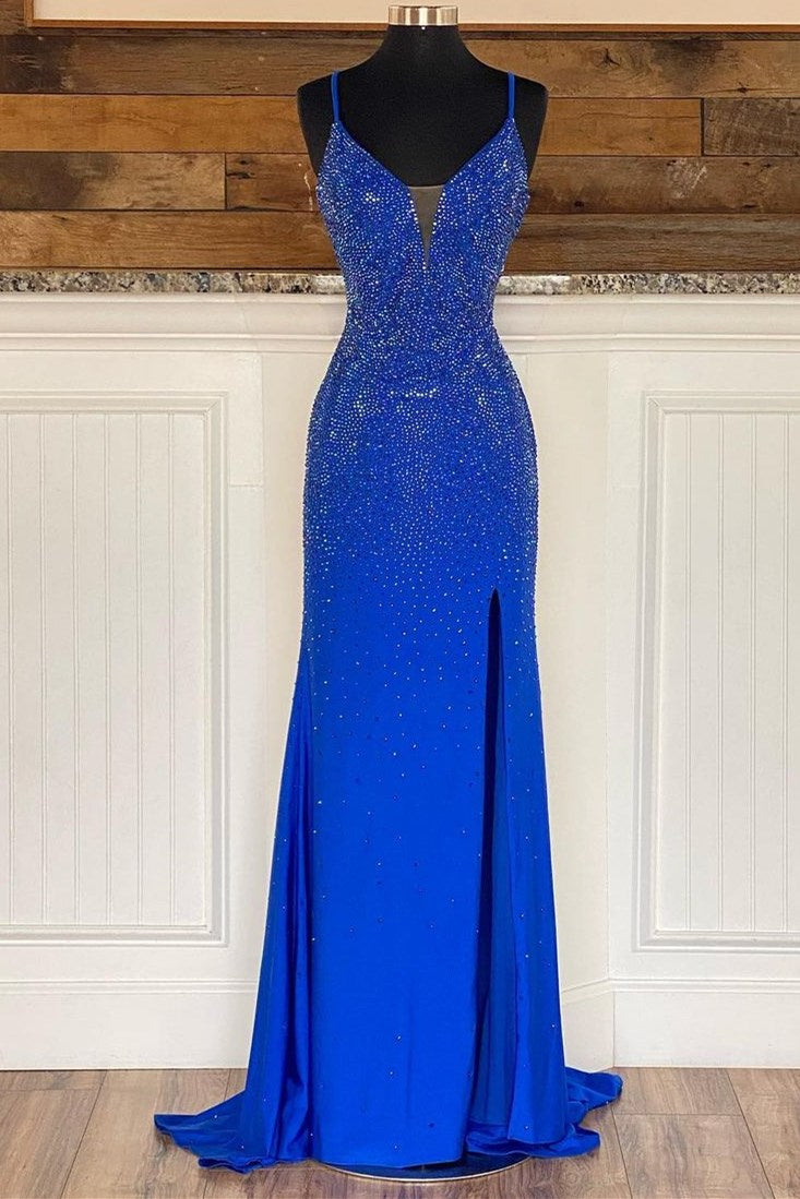 Royal Blue Beaded V-Neck Mermaid Long Prom Dresses Main image