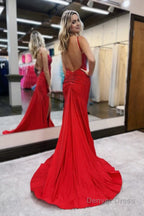 Royal Blue Beaded V Neck Mermaid Long Prom Dresses with Slit