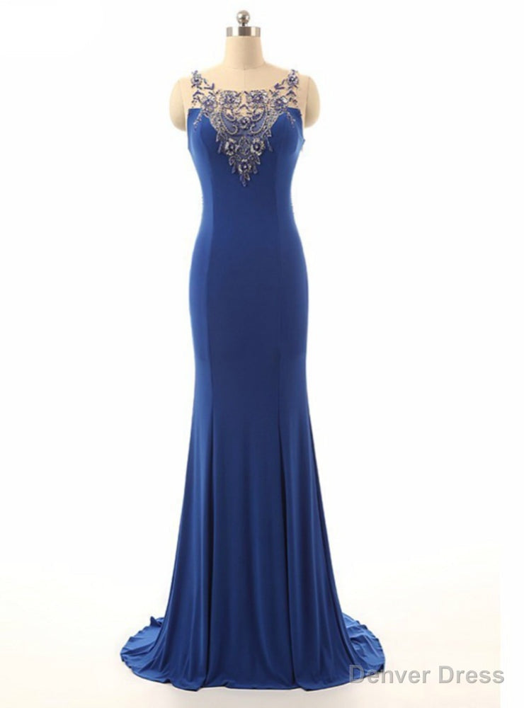 Royal Blue Beading Sheer Neck Mermaid Illusion Dress