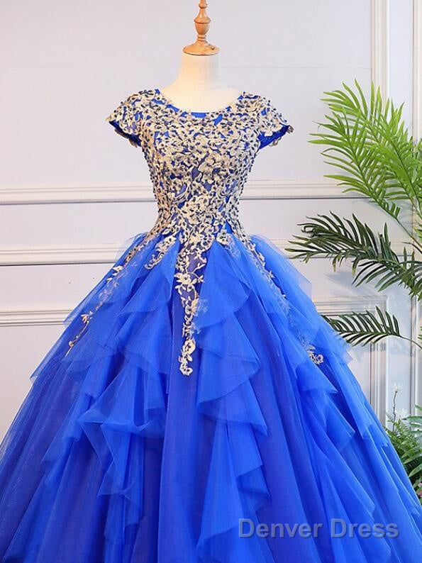 Royal Blue Cap Sleeves Long Ball Gown Party Dress, Blue Prom Dress Secondary image