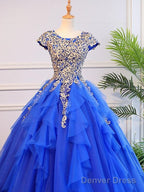 Royal Blue Cap Sleeves Long Ball Gown Party Dress, Blue Prom Dress
