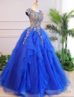Royal Blue Cap Sleeves Long Ball Gown Party Dress, Blue Prom Dress