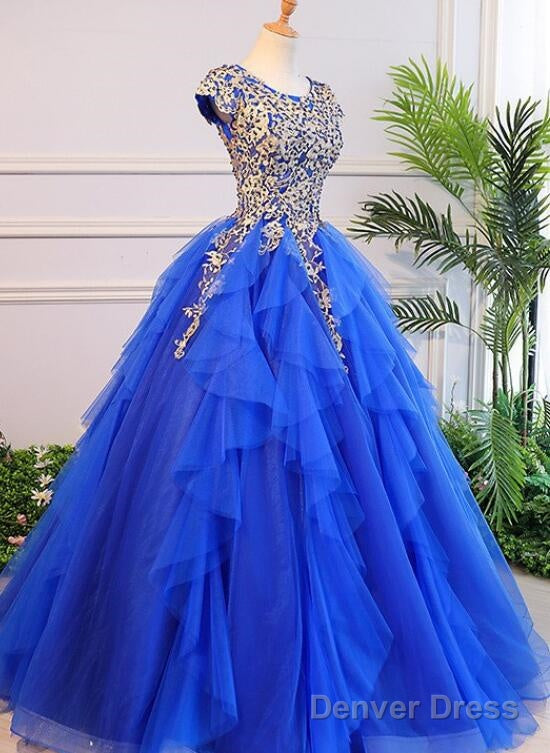 Royal Blue Cap Sleeves Long Ball Gown Party Dress, Blue Prom Dress Main image