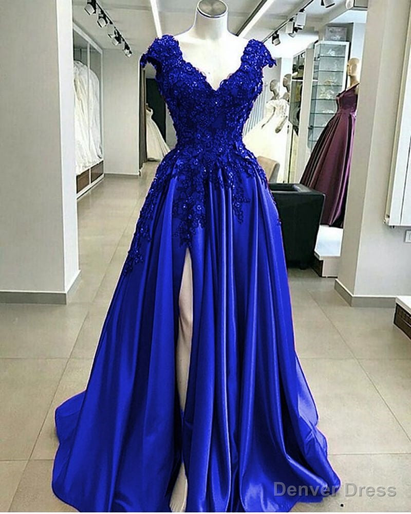 Royal Blue Cap sleeves V-neck High split A-line Evening Dresses Secondary image