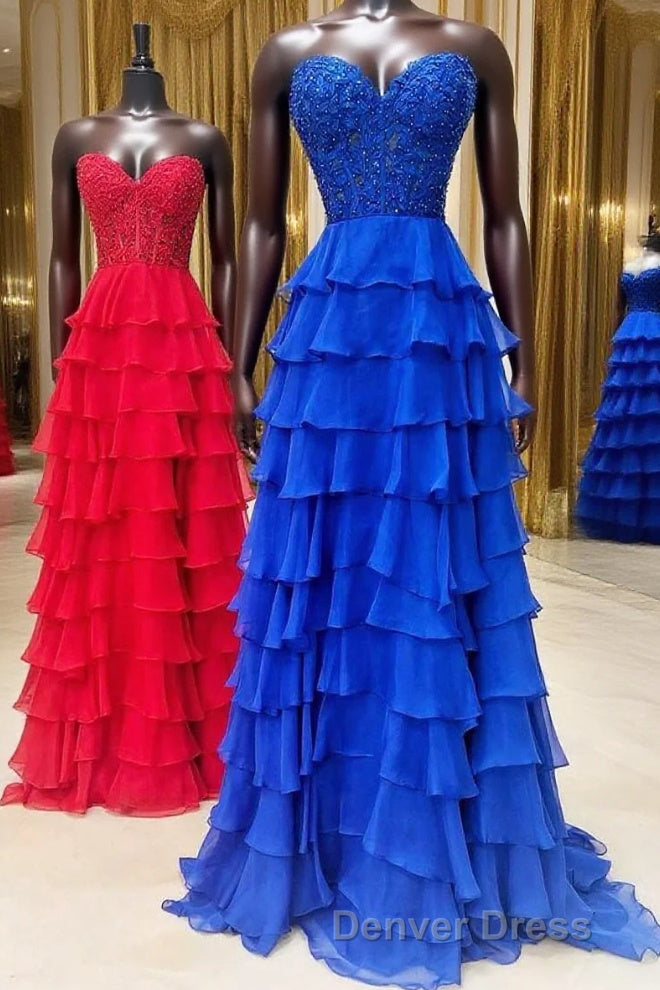 Royal Blue Chiffon Sweetheart Ruffle Tiered Long Prom Dresses Main image