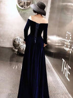 Royal Blue Classic Prom Dress Velvet Long Sleeve Off Shoulder Prom Dresses