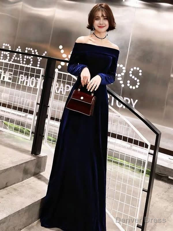 Royal Blue Classic Evening Dresses Velvet Long Sleeve Off Shoulder Prom Dresses Main image