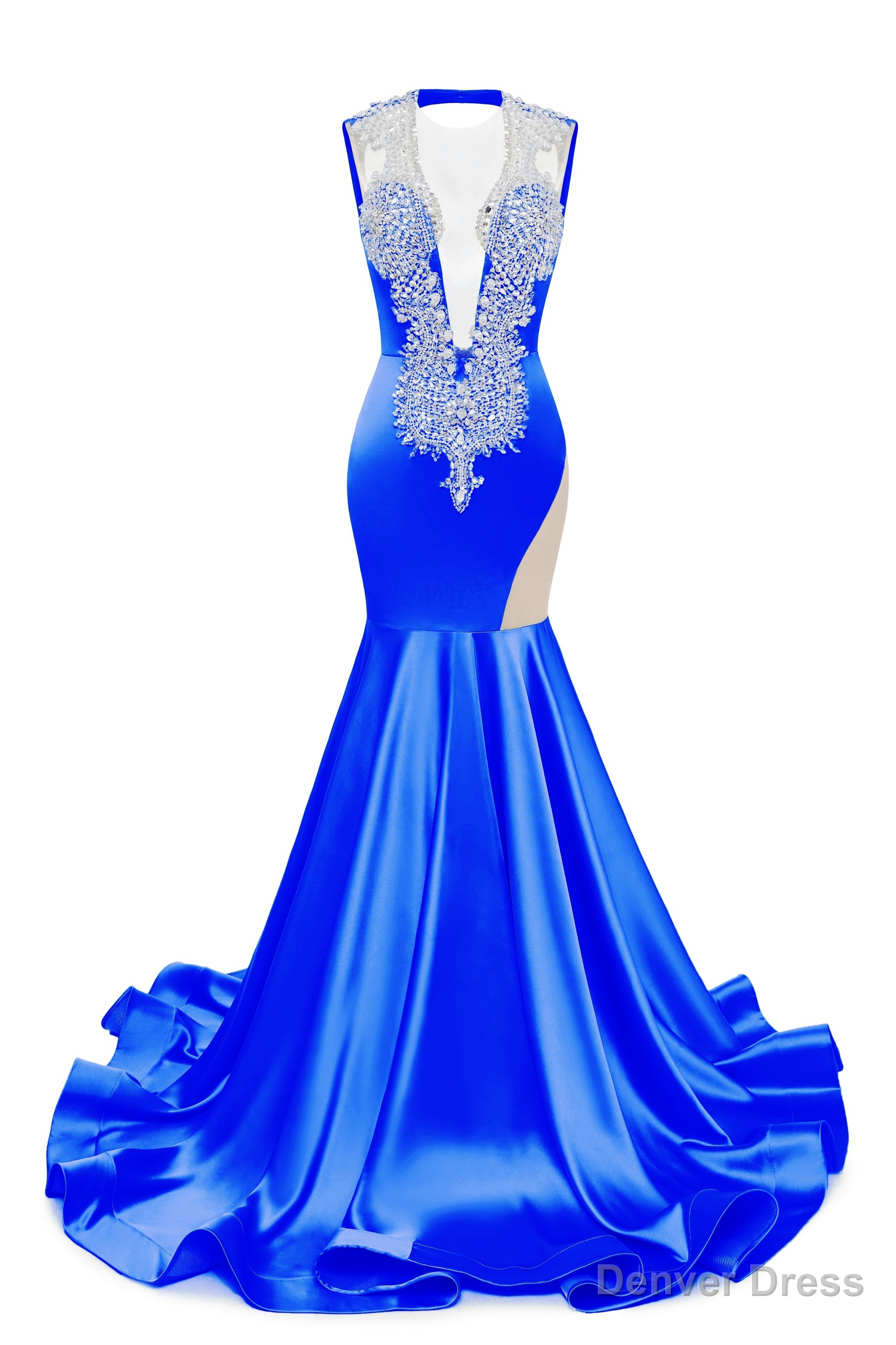 Royal Blue Deep V Neck Mermaid Satin Prom Dresses Sparkly Beaded Pageant Crystals Evening Formal Dresses Main image
