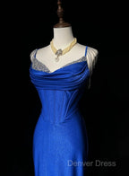 Royal Blue Elegant Mermaid Satin Spaghetti Strap Long Prom Dresses Beaded Formal Evening Gown