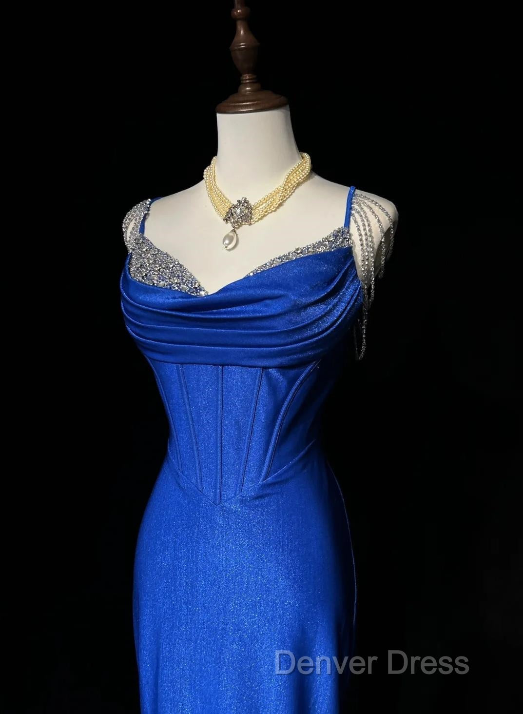 Royal Blue Elegant Mermaid Satin Spaghetti Strap Long Prom Dresses Beaded Formal Evening Gown