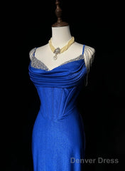 Royal Blue Elegant Mermaid Satin Spaghetti Strap Long Prom Dress Beaded Formal Evening Gown