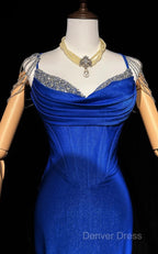 Royal Blue Elegant Mermaid Satin Spaghetti Strap Long Prom Dresses Beaded Formal Evening Gown
