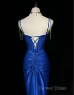 Royal Blue Elegant Mermaid Satin Spaghetti Strap Long Prom Dresses Beaded Formal Evening Gown