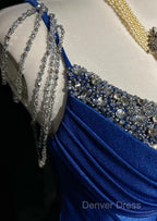 Royal Blue Elegant Mermaid Satin Spaghetti Strap Long Prom Dresses Beaded Formal Evening Gown