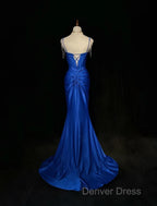 Royal Blue Elegant Mermaid Satin Spaghetti Strap Long Prom Dresses Beaded Formal Evening Gown