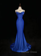 Royal Blue Elegant Mermaid Satin Spaghetti Strap Long Prom Dresses Beaded Formal Evening Gown